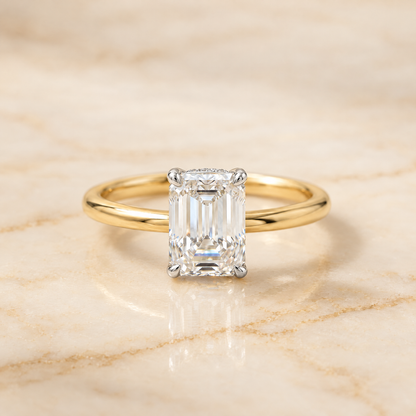 Emerald engagement ring setting in 18K Yellow Gold, Cyndi Curved Hidden Halo Solitaire Emerald Cut | RockHer