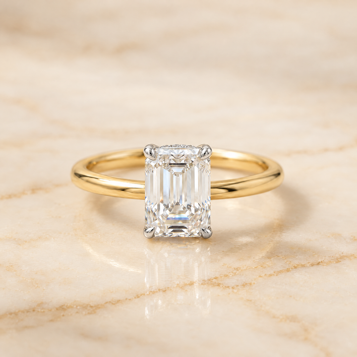 Emerald engagement ring setting in 18K Yellow Gold, Cyndi Curved Hidden Halo Solitaire Emerald Cut | RockHer