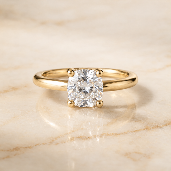 The Tori Rounded Comfort Fit Solitaire Cushion Cut Engagement Ring Setting in 18K Yellow Gold