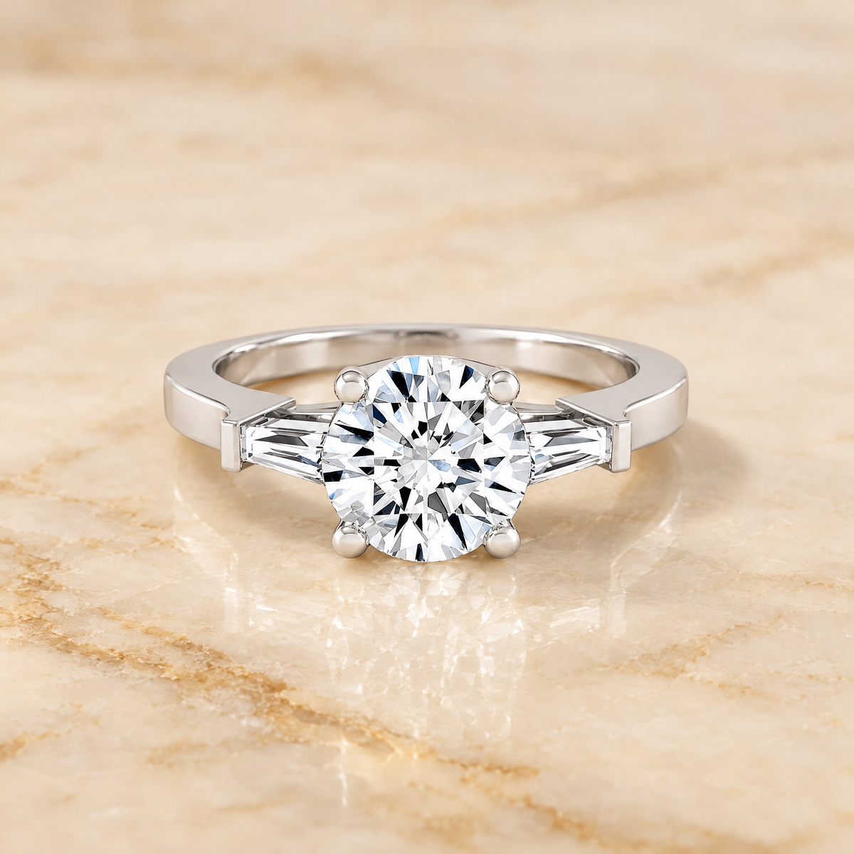 The June Three Stone Round Engagement Ring Setting in 18K White Gold