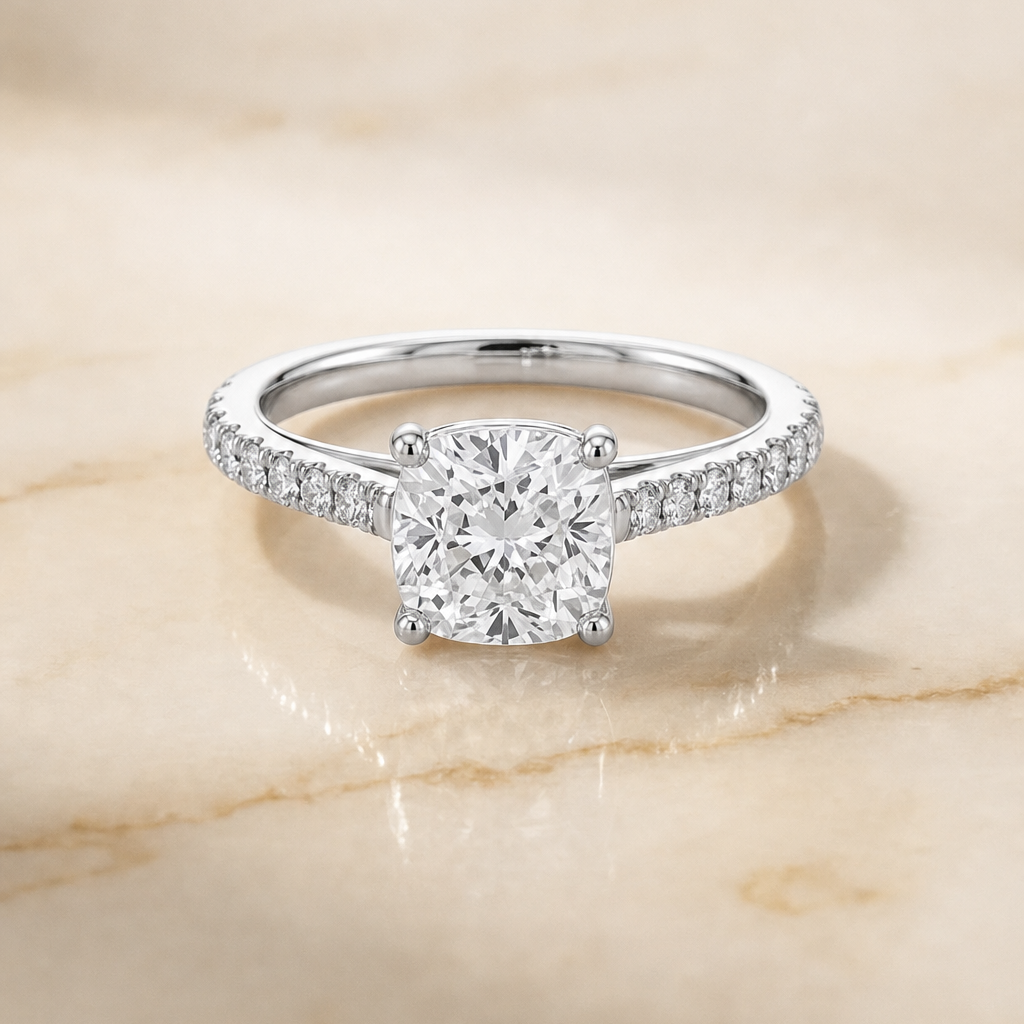 The Donna Cathedral French Pavé Solitaire Cushion Cut Engagement Ring Setting in 18K White Gold