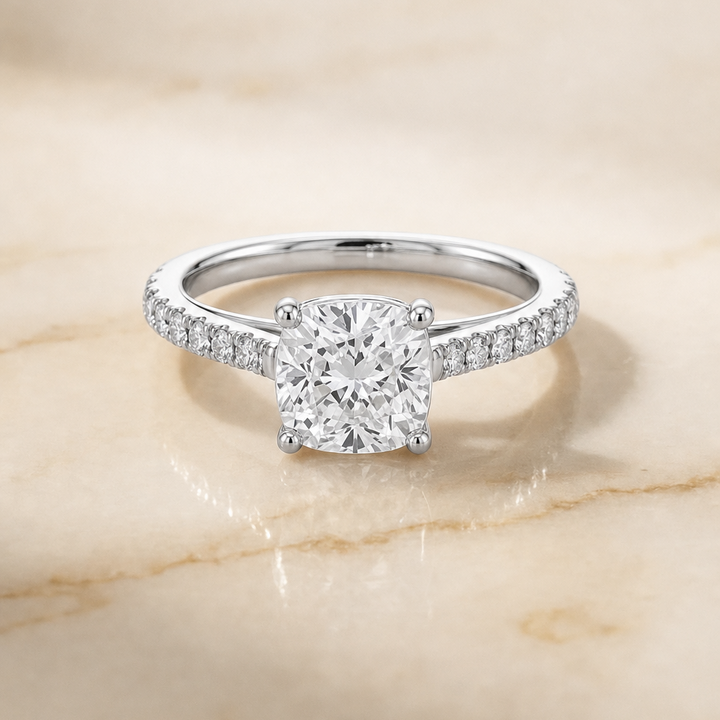 The Donna Cathedral French Pavé Solitaire Cushion Cut Engagement Ring Setting in 18K White Gold