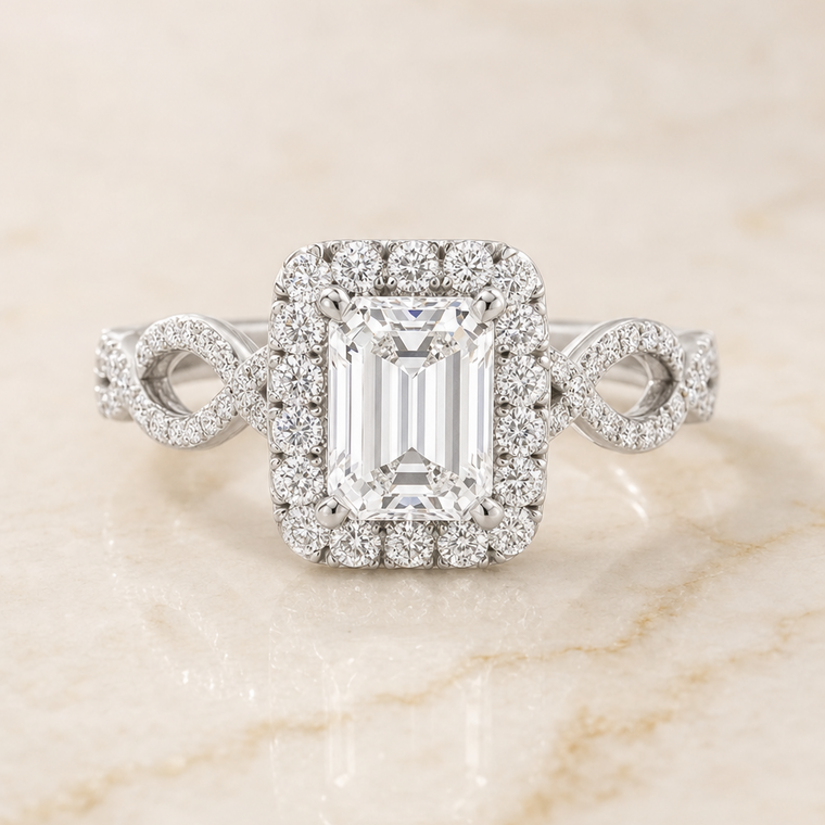 The Annie Select Halo Emerald Cut Lab Diamond Engagement Ring in Platinum