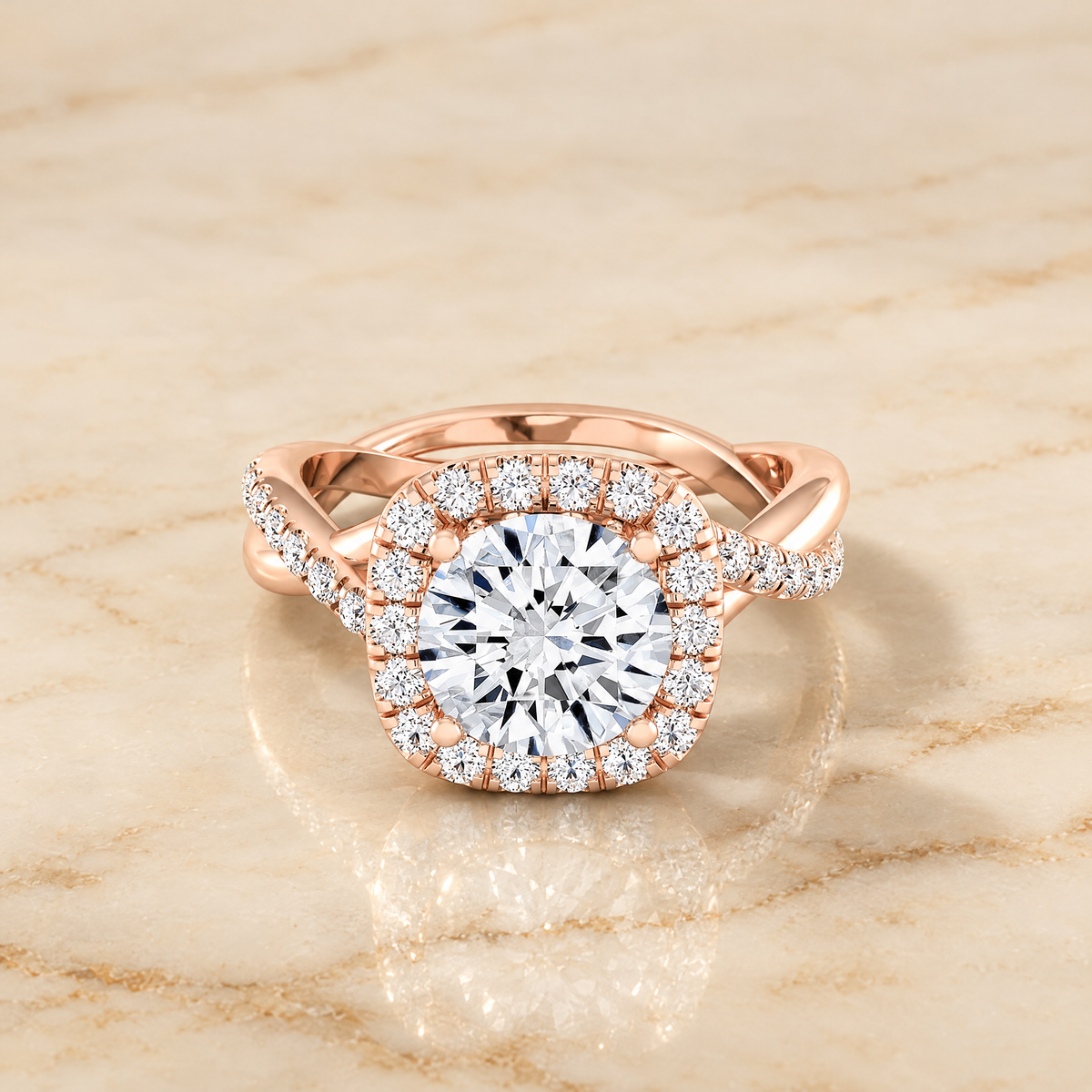 The Bell Bold Twist Pavé Halo Round Engagement Ring Setting in 14K Rose Gold