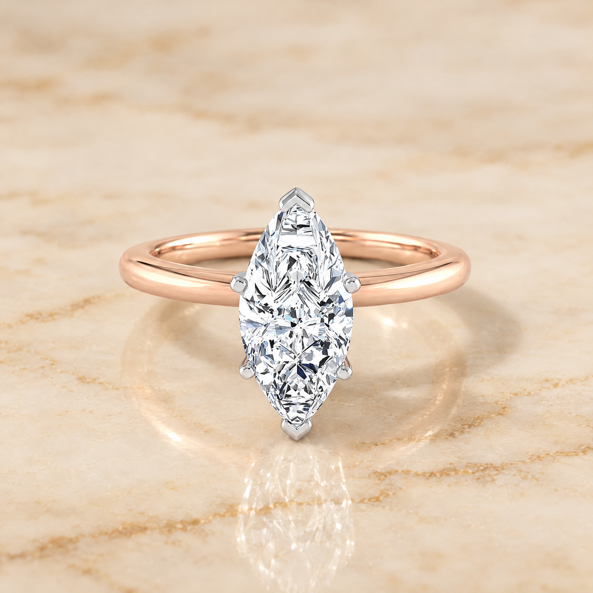 The Floria Comfort Fit Claw Prong Solitaire Marquise Engagement Ring Setting in 14K Rose Gold