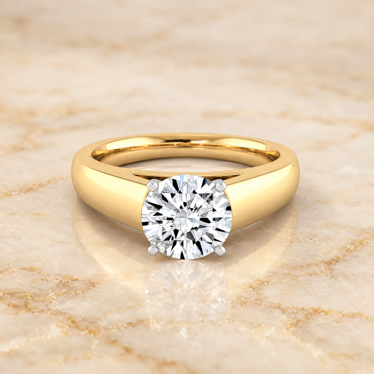 The Carly High Polish Signet Solitaire Round Engagement Ring Setting in 18K Yellow Gold