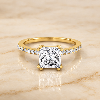 The Kelly Double Claw Prong French Pavé Princess Cut Engagement Ring Setting in 18K Yellow Gold