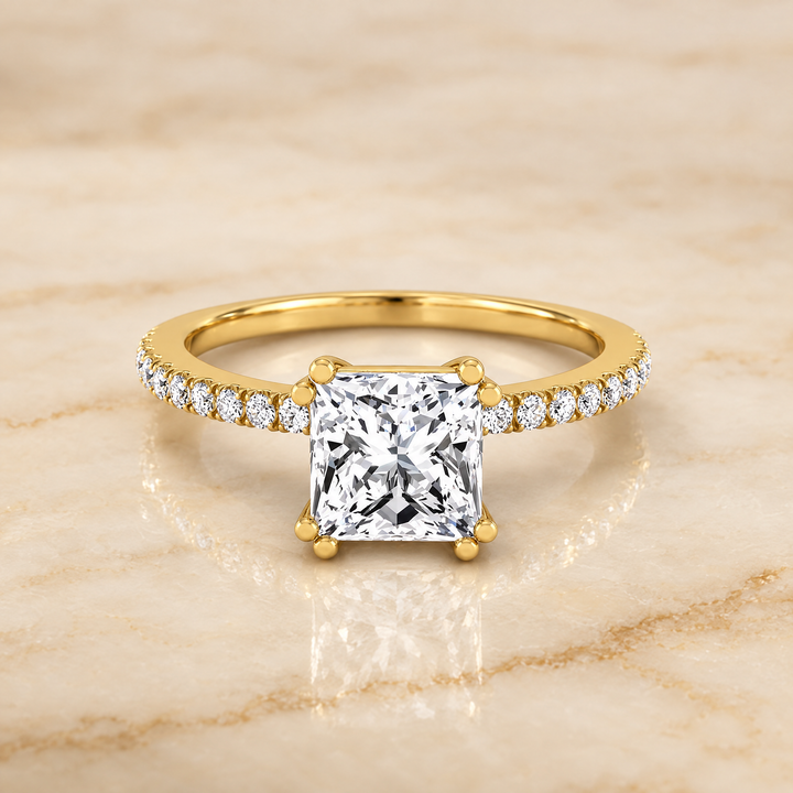 The Kelly Double Claw Prong French Pavé Princess Cut Engagement Ring Setting in 18K Yellow Gold