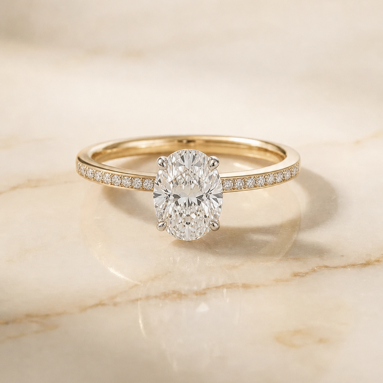 The Brenda Select High Hidden Halo Solitaire Oval Lab Diamond Engagement Ring in 18K Yellow Gold