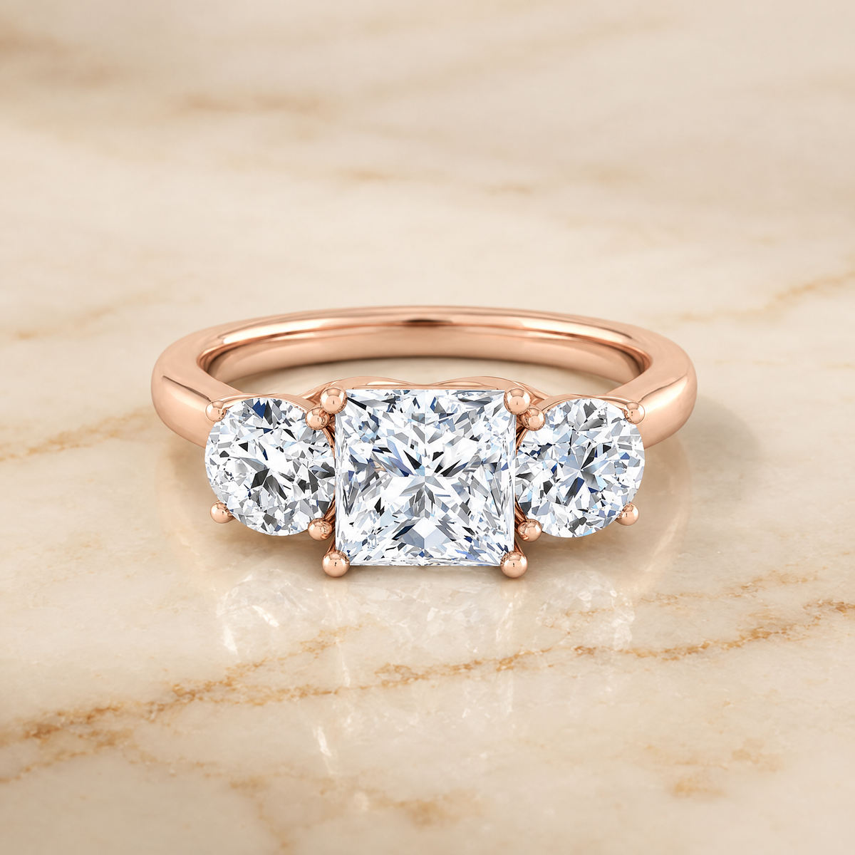 The Natalie Classic Three Stone Princess Cut Engagement Ring Setting in 14K Rose Gold