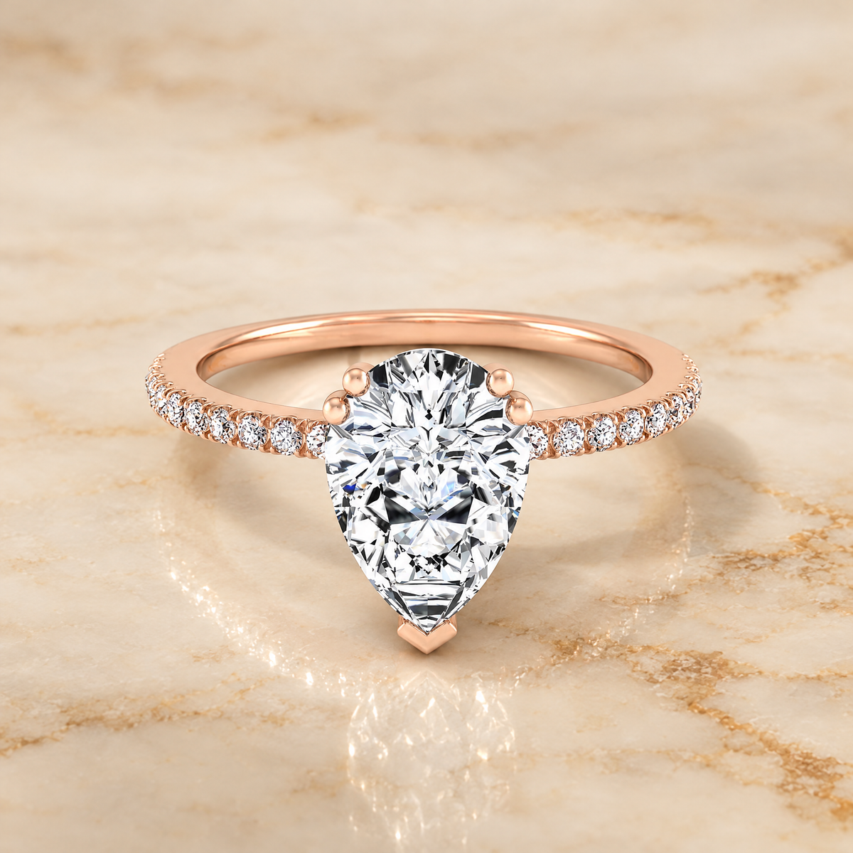 Pear engagement ring setting in 14K Rose Gold, Kelly Double Claw Prong French Pavé Pear | RockHer
