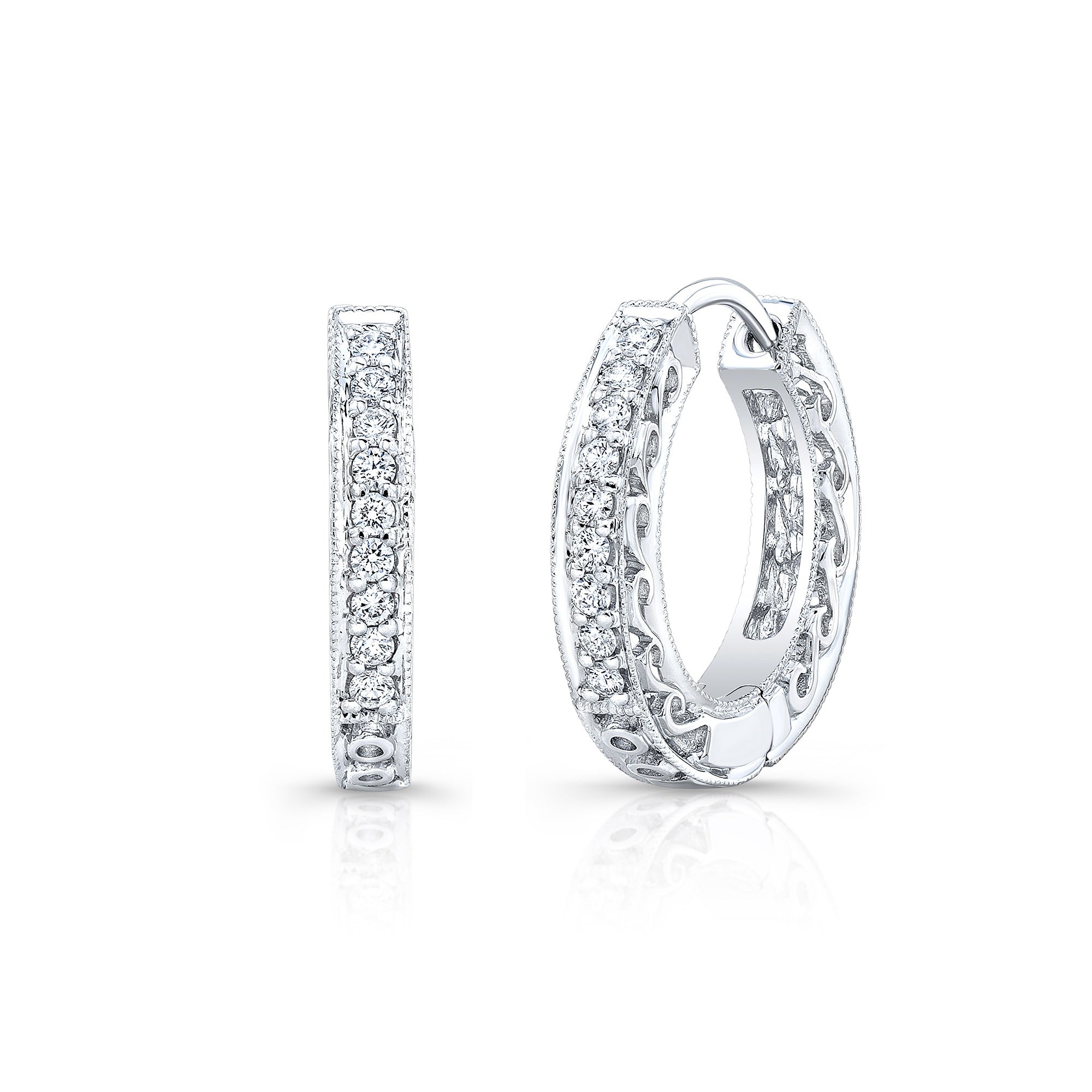 Diamond Hinged Back Filigree Hoop Earrings in 14k White Gold 0.19ctw