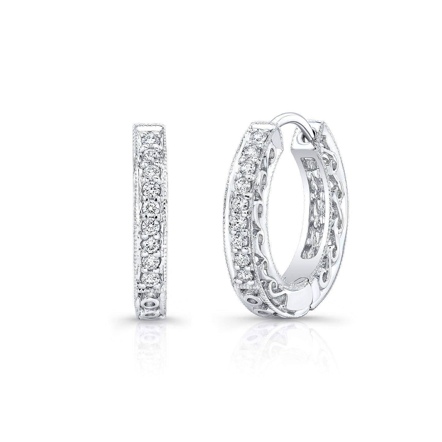 Diamond Hinged Back Filigree Hoop Earrings in 14k White Gold 0.19ctw