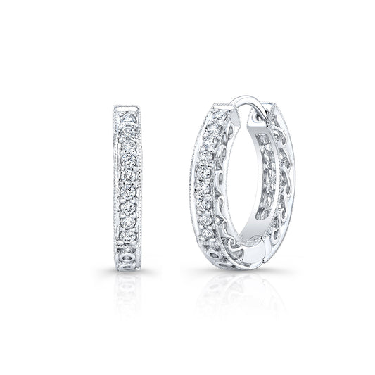 Diamond Hinged Back Filigree Hoop Earrings in 14k White Gold 0.19ctw