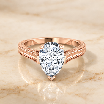 The Aida Hand Engraved Vintage Cathedral Solitaire Pear Engagement Ring Setting in 14K Rose Gold