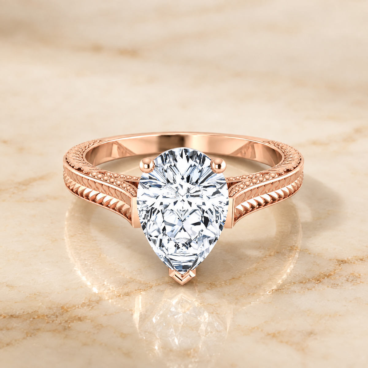 The Aida Hand Engraved Vintage Cathedral Solitaire Pear Engagement Ring Setting in 14K Rose Gold