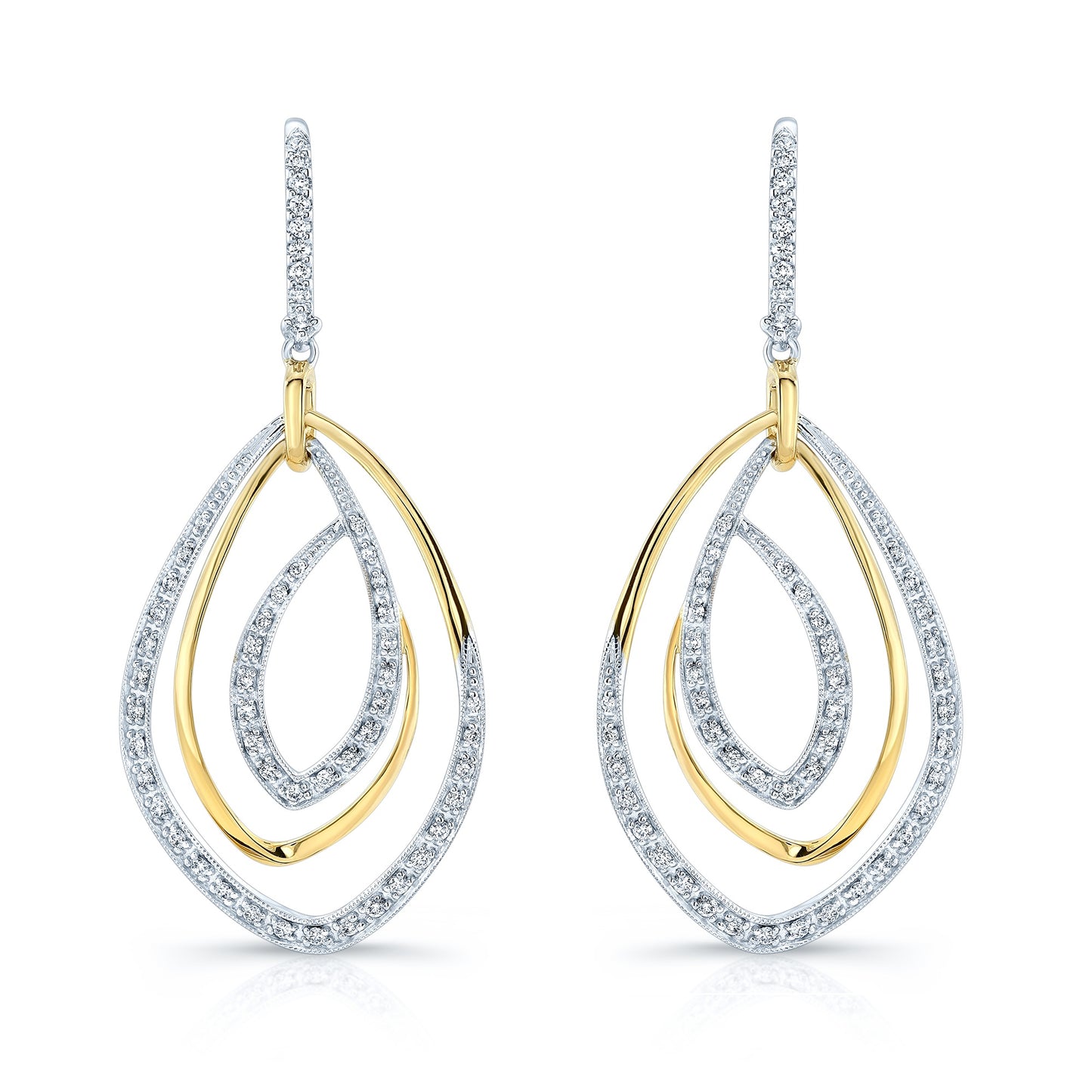 Diamond Overlapping Multi-loop Two Tone Dangle Earrings in 14k Gold 0.50ctw – front view | RockHer