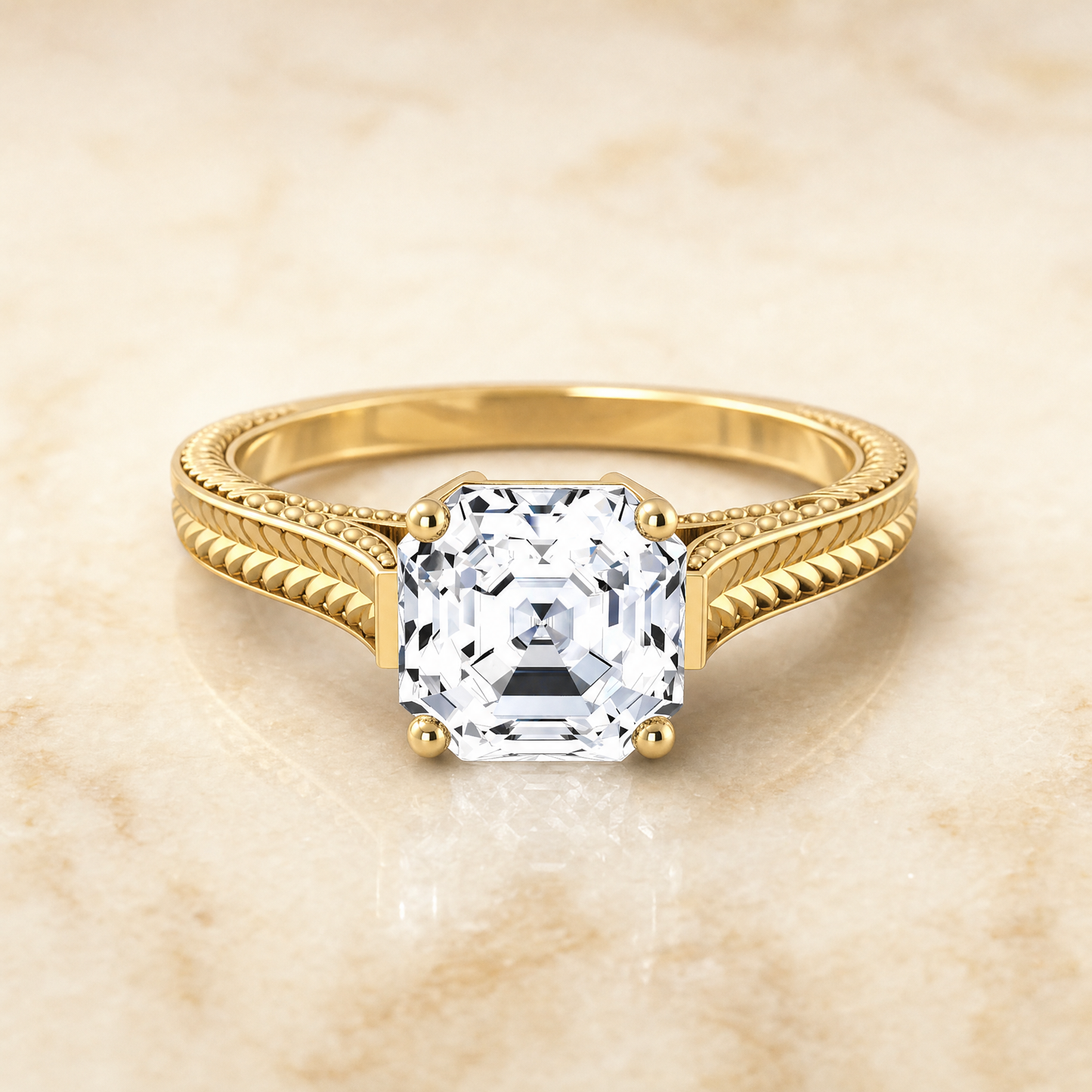 The Aida Hand Engraved Vintage Cathedral Solitaire Asscher Cut Engagement Ring Setting in 18K Yellow Gold