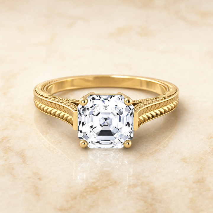 The Aida Hand Engraved Vintage Cathedral Solitaire Asscher Cut Engagement Ring Setting in 18K Yellow Gold