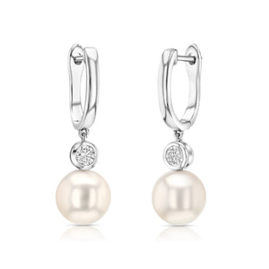 Akoya Pearl and Bezel Diamond Earrings in 14k White Gold 0.20ctw – angled view | RockHer