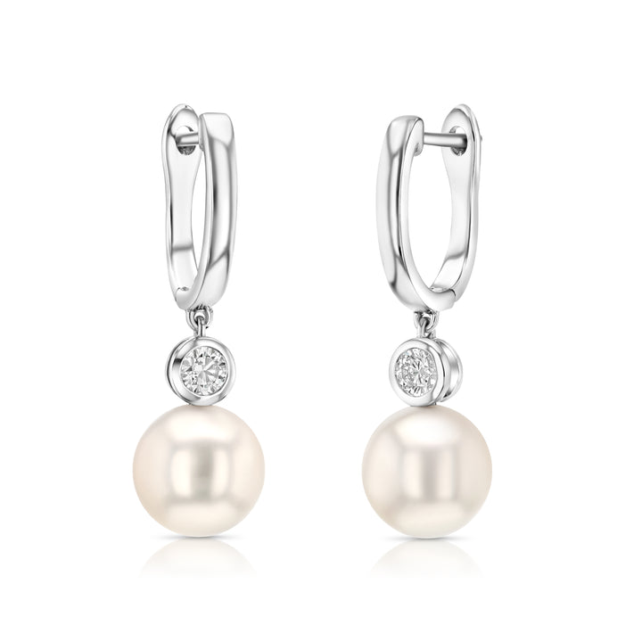 Akoya Pearl and Bezel Diamond Earrings in 14k White Gold 0.20ctw