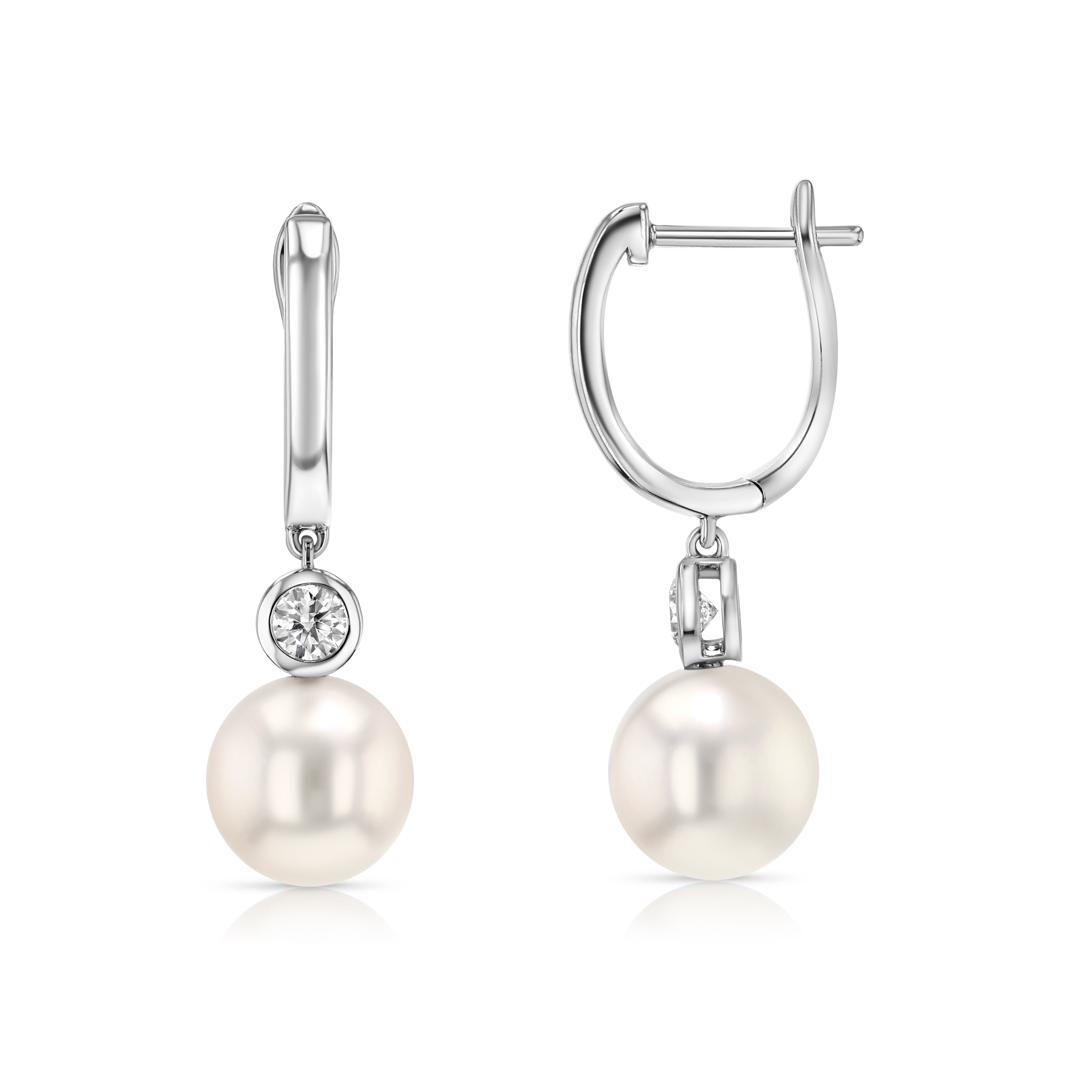 Akoya Pearl and Bezel Diamond Earrings in 14k White Gold 0.20ctw