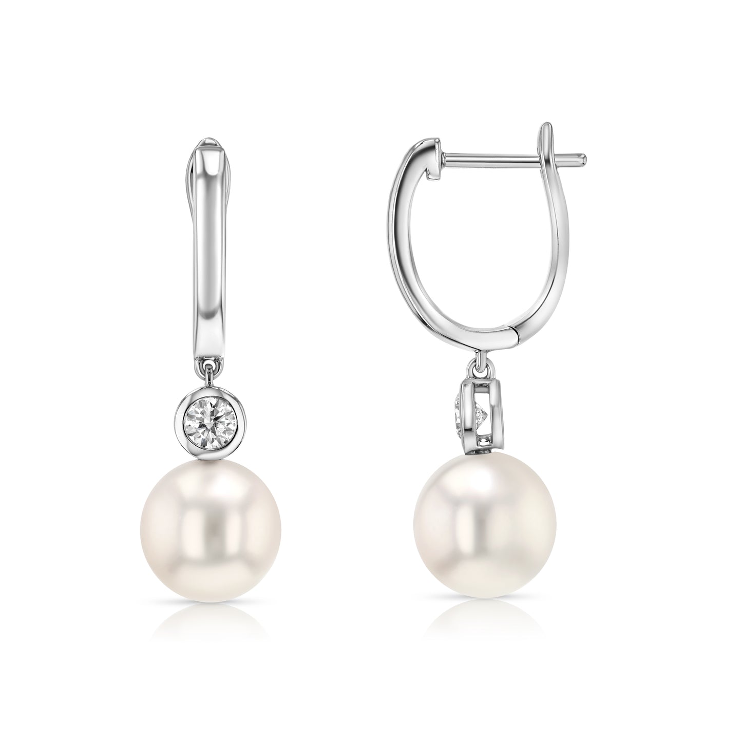 Akoya Pearl and Bezel Diamond Earrings in 14k White Gold 0.20ctw