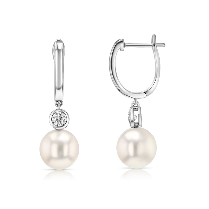 Akoya Pearl and Bezel Diamond Earrings in 14k White Gold 0.20ctw – front view | RockHer