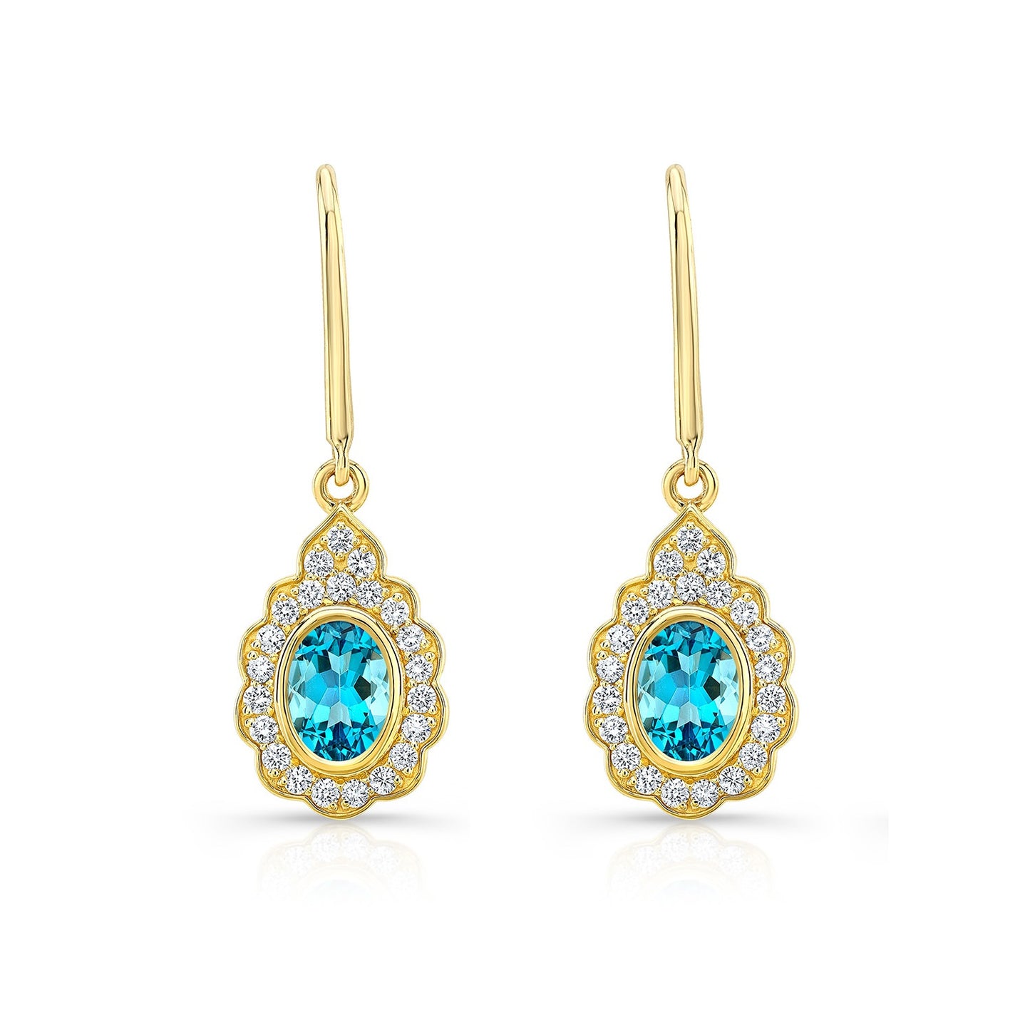 Blue Topaz And Diamond Oval Bezel Leverback Earrings With Teardrop Scallop Frame In 14k Yellow Gold (7x5mm)