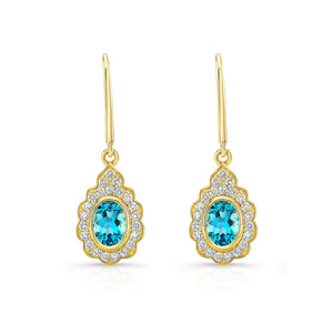 Blue Topaz And Diamond Oval Bezel Leverback Earrings With Teardrop Scallop Frame in 14K Yellow Gold – front view | RockHer