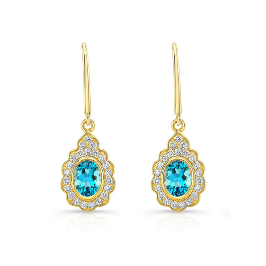 Blue Topaz And Diamond Oval Bezel Leverback Earrings With Teardrop Scallop Frame In 14k Yellow Gold (7x5mm)