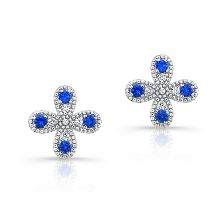 Sapphire and Diamond Clover Floral Stud Earrings in 14k White Gold 0.08ctw
