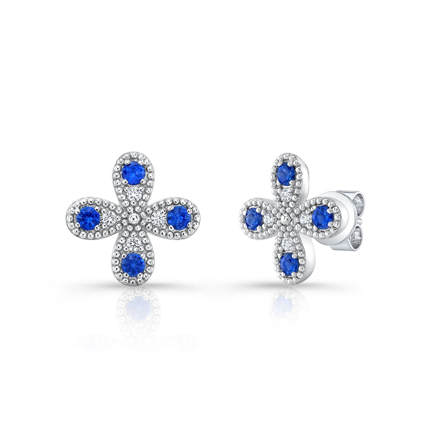 Sapphire and Diamond Clover Floral Stud Earrings in 14k White Gold 0.08ctw
