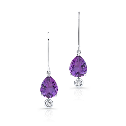 Amethyst and Bezel Diamond Teardrop Leverback Earrings in 14k White Gold 0.12ctw