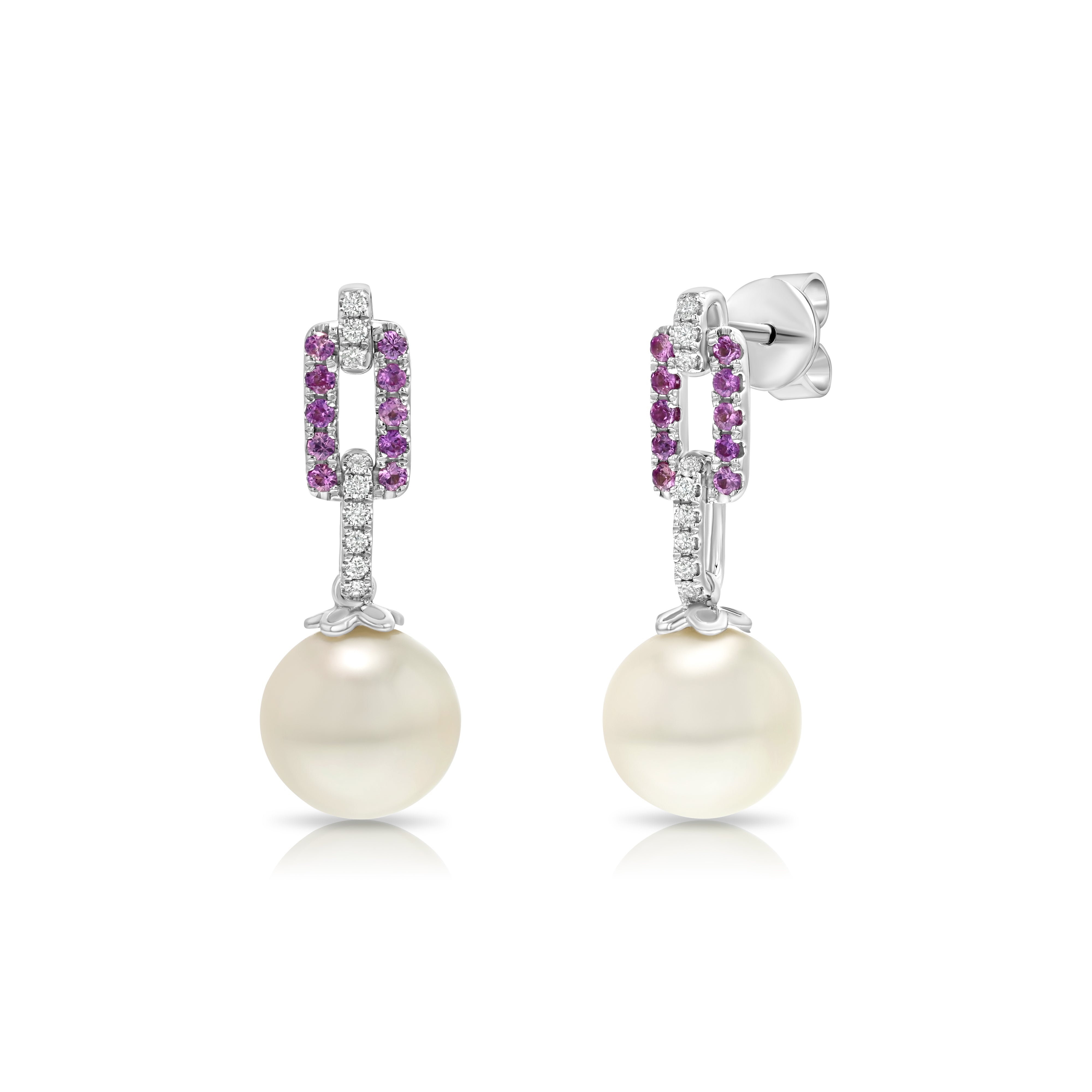 Freshwater Pearl and Pink Sapphire Earrings in 14k White Gold 0.09ctw