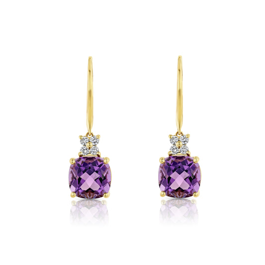 Cushion Amethyst and Diamond Leverback Earrings in 14k Yellow Gold 0.16ctw