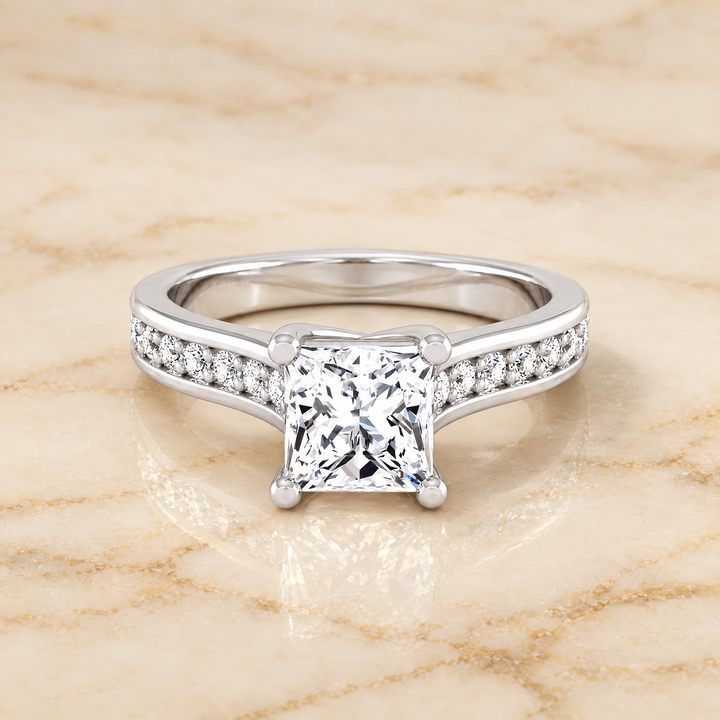 The Celesta Channel Set Pavé Princess Cut Engagement Ring Setting in 18K White Gold