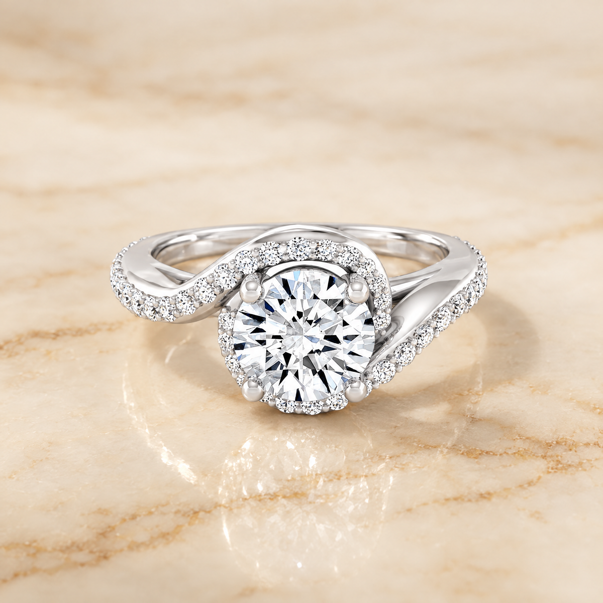 The Adelaide Pavé Swirl Halo Round Engagement Ring Setting in Platinum