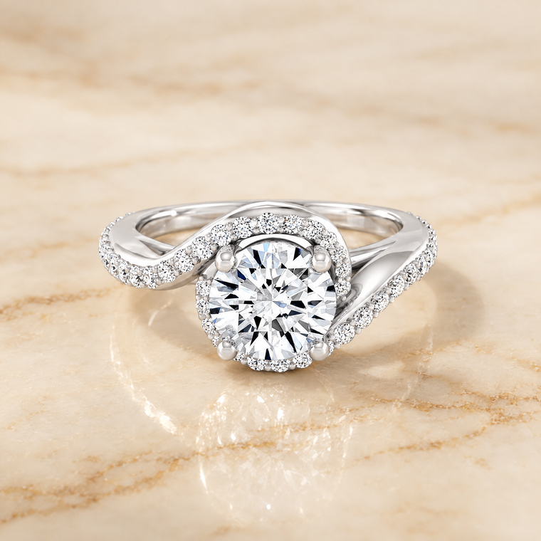 The Adelaide Pavé Swirl Halo Round Engagement Ring Setting in Platinum
