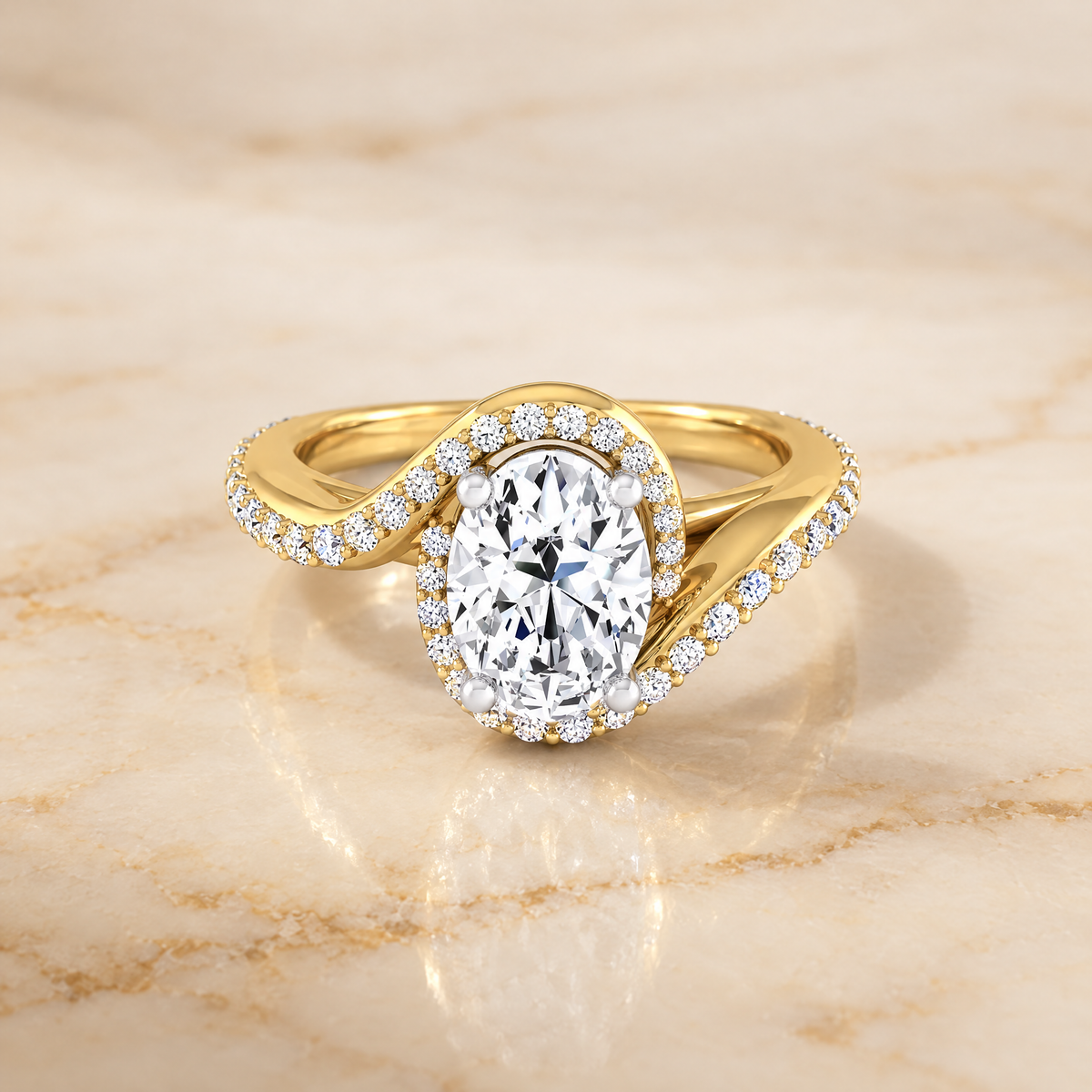 Oval engagement ring setting in 18K Yellow Gold, Adelaide Pavé Swirl Halo Oval | RockHer