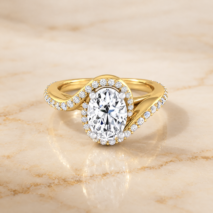 Oval engagement ring setting in 18K Yellow Gold, Adelaide Pavé Swirl Halo Oval | RockHer