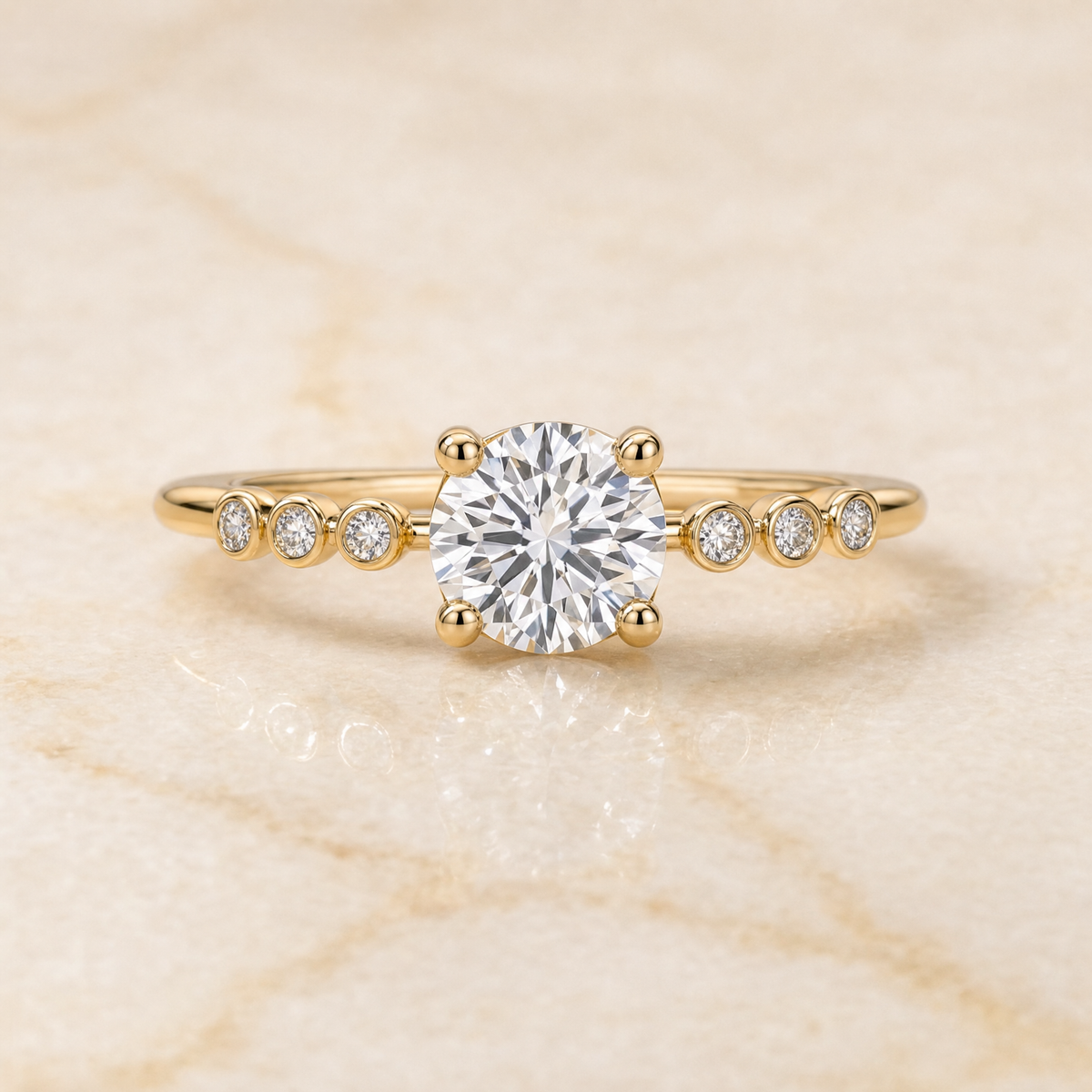 The Peggy Bezel Accent Solitaire Round Engagement Ring Setting in 18K Yellow Gold