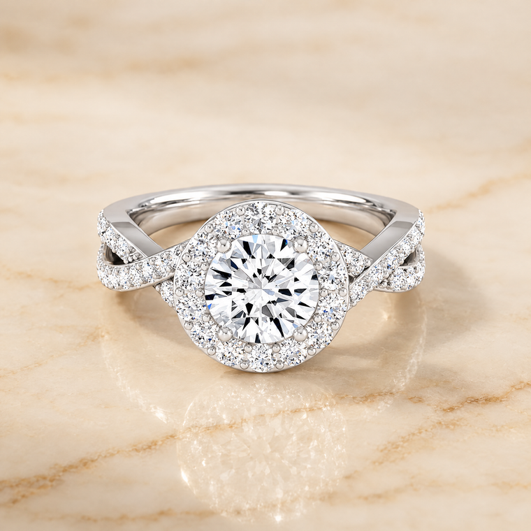 The Melody Twisted Lattice Halo Round Engagement Ring Setting in Platinum
