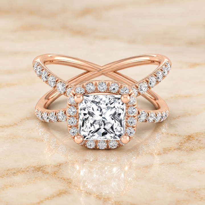 The Joan Crossover Pavé Halo Princess Cut Engagement Ring Setting in 14K Rose Gold