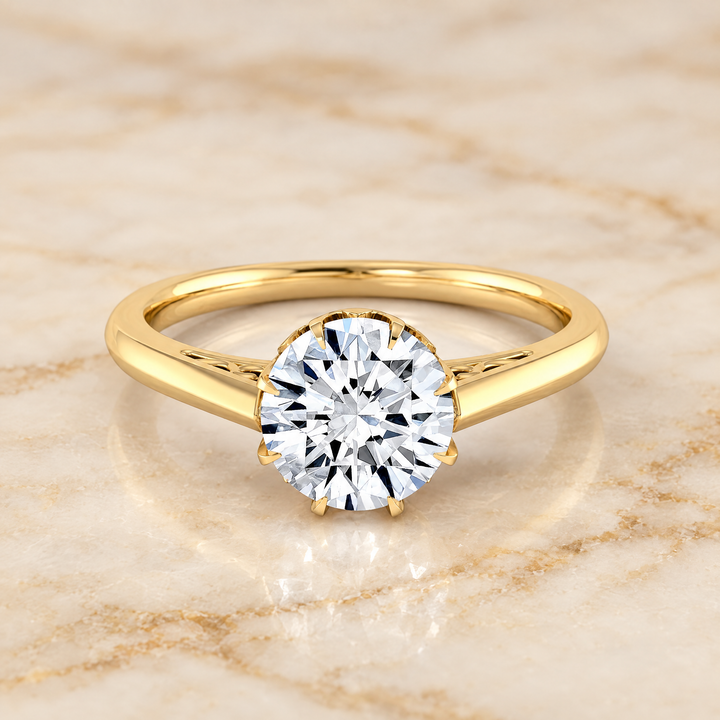 The Natalia Antique Scroll Gallery East West Solitaire Round Engagement Ring Setting in 18K Yellow Gold