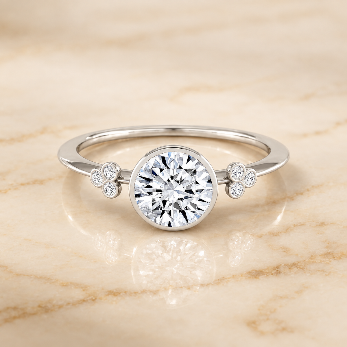 The Selena Clover Bezel Accent Solitaire Round Engagement Ring Setting in Platinum