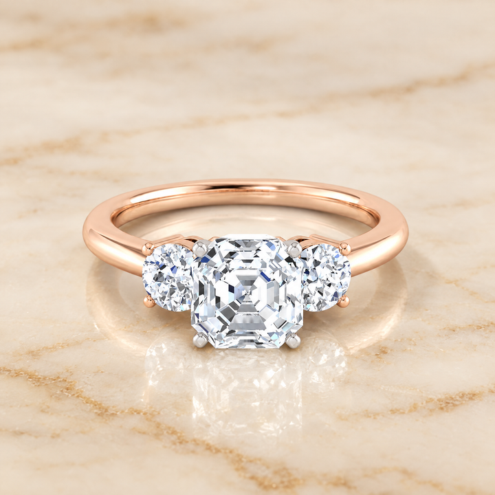The Anita Classic Three Stone Asscher Cut Engagement Ring Setting in 14K Rose Gold