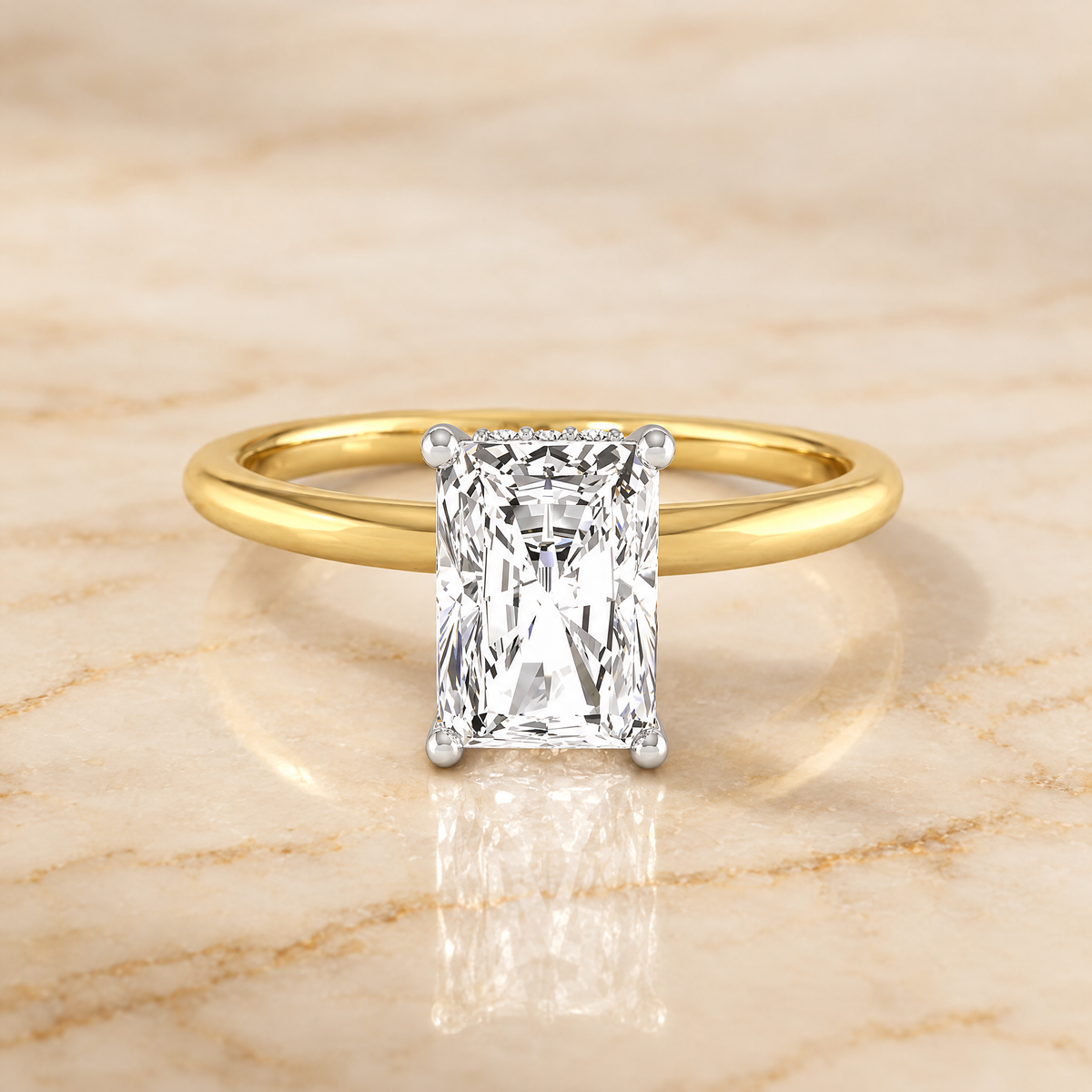 The Eartha Upper Hidden Halo Solitaire Radiant Cut Engagement Ring Setting in 18K Yellow Gold