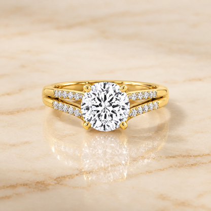 The Jessie Split Shank French Pavé Round Engagement Ring Setting in 18K Yellow Gold