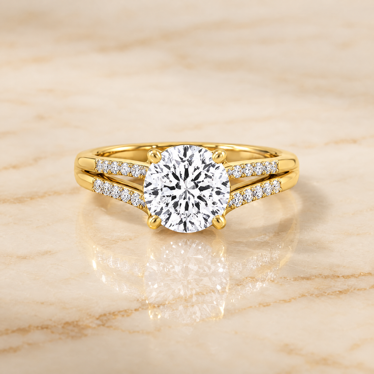 The Jessie Split Shank French Pavé Round Engagement Ring Setting in 18K Yellow Gold